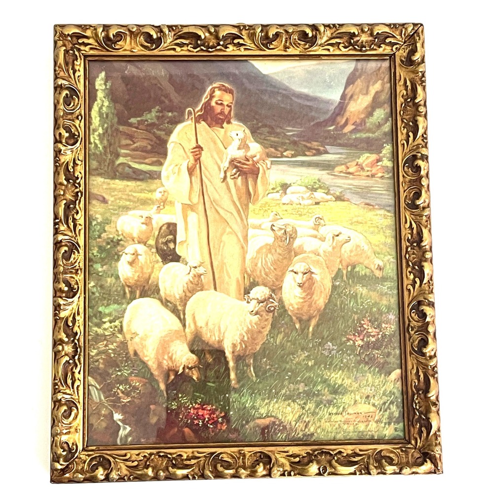 Vintage Warner Sallman The Good Shepherd Lithograph Gold Ornate Gesso Frame 1942